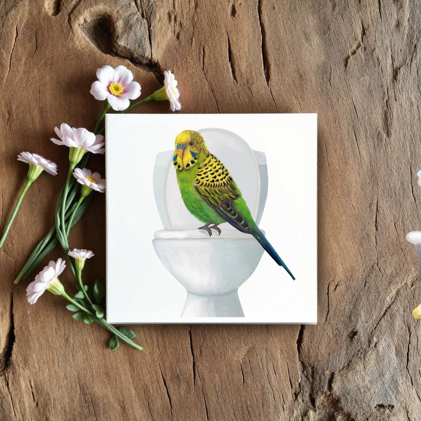 Budgie on Toilet Ceramic Tile – Handcrafted Whimsical Bird Decor - MerikaArt