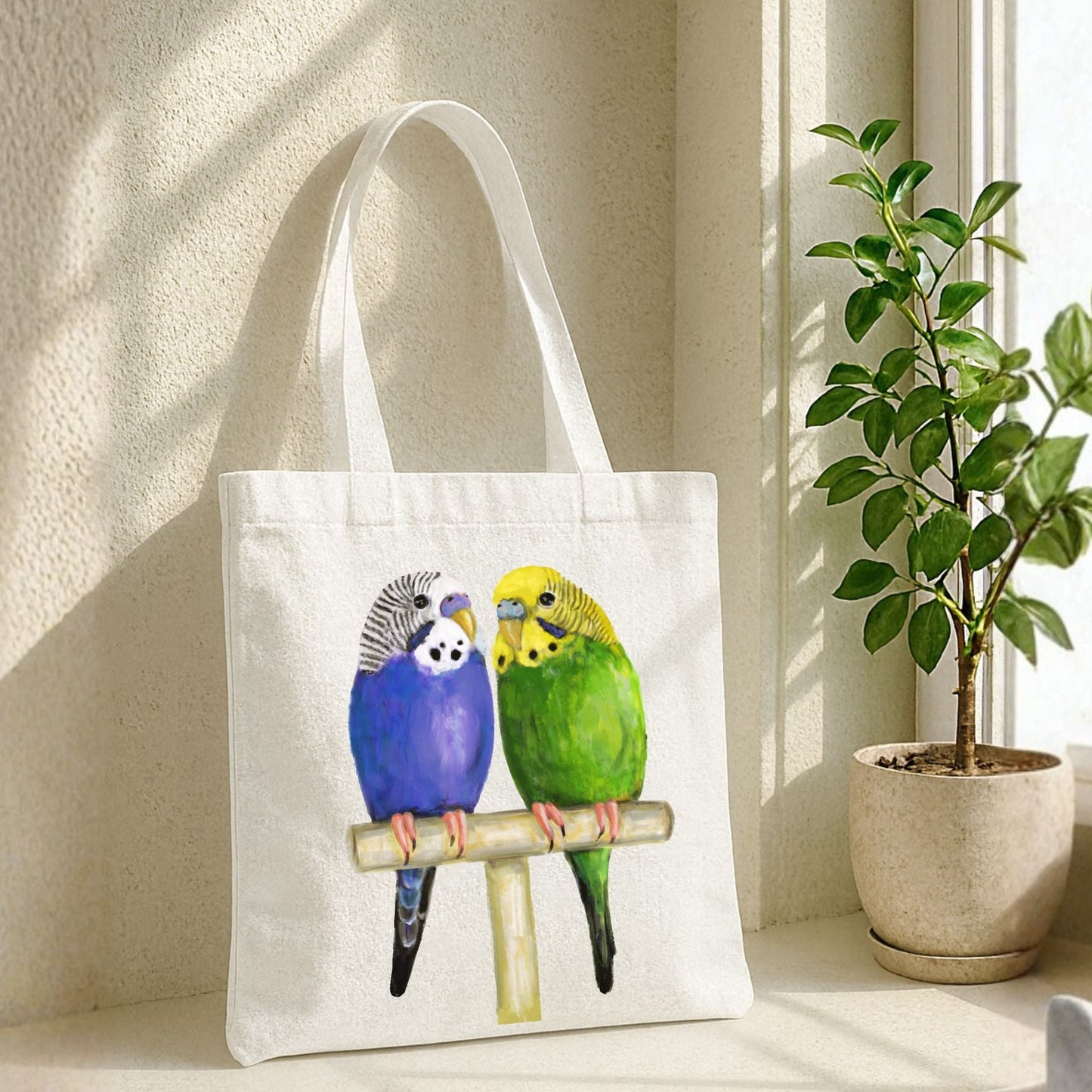 Budgie Pair Canvas Tote Bag - MerikaArt