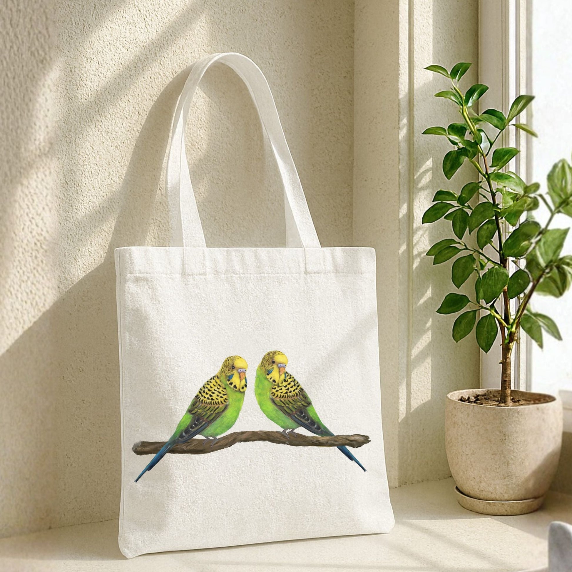 Budgie Pair Canvas Tote Bag - MerikaArt