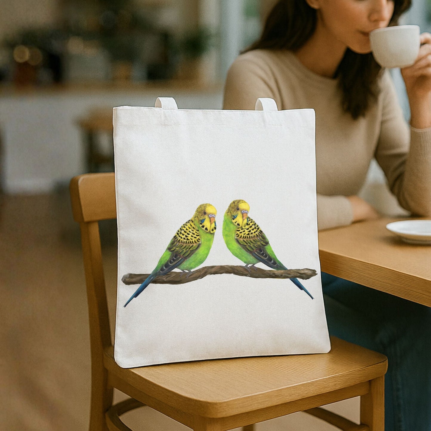Budgie Pair Canvas Tote Bag - MerikaArt