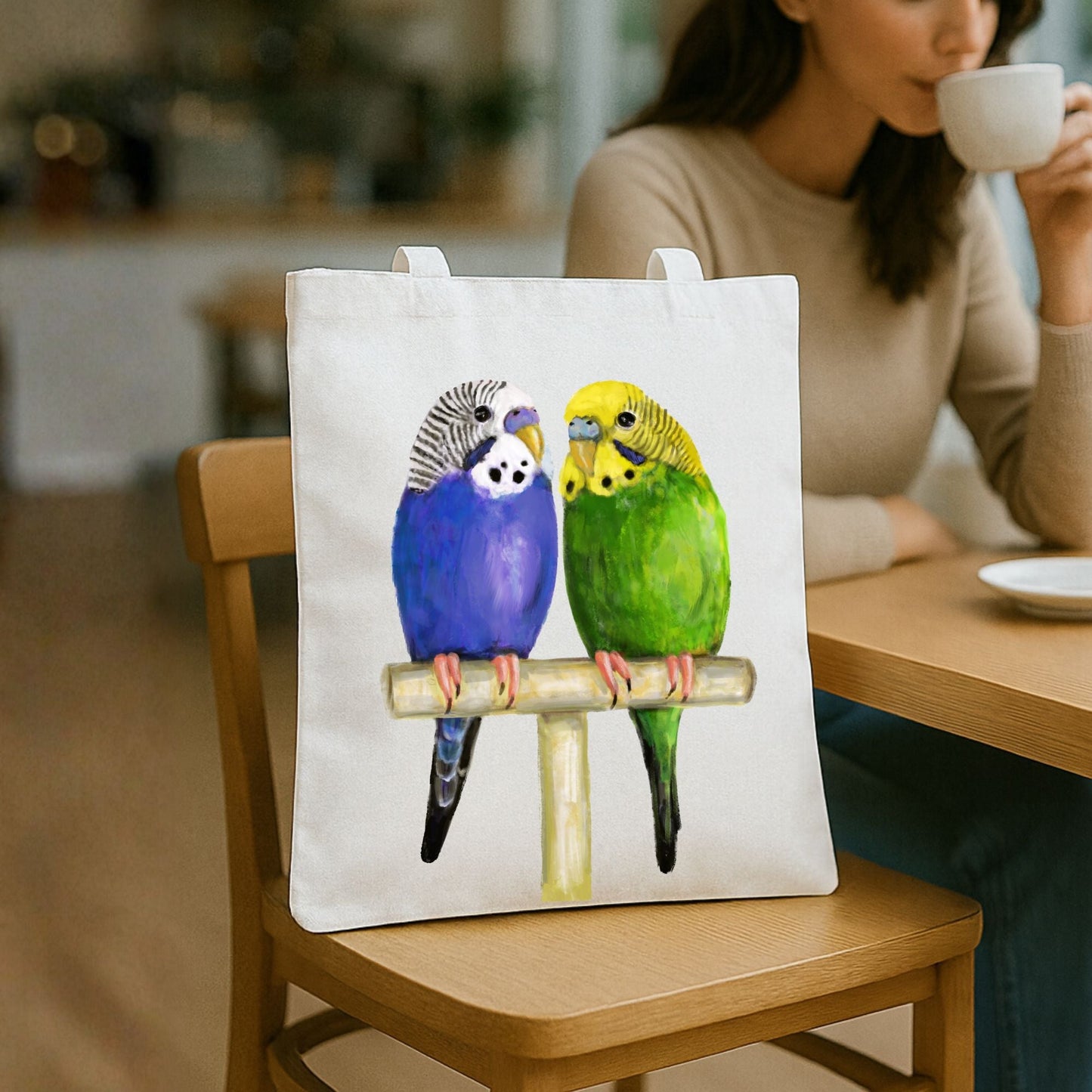 Budgie Pair Canvas Tote Bag - MerikaArt