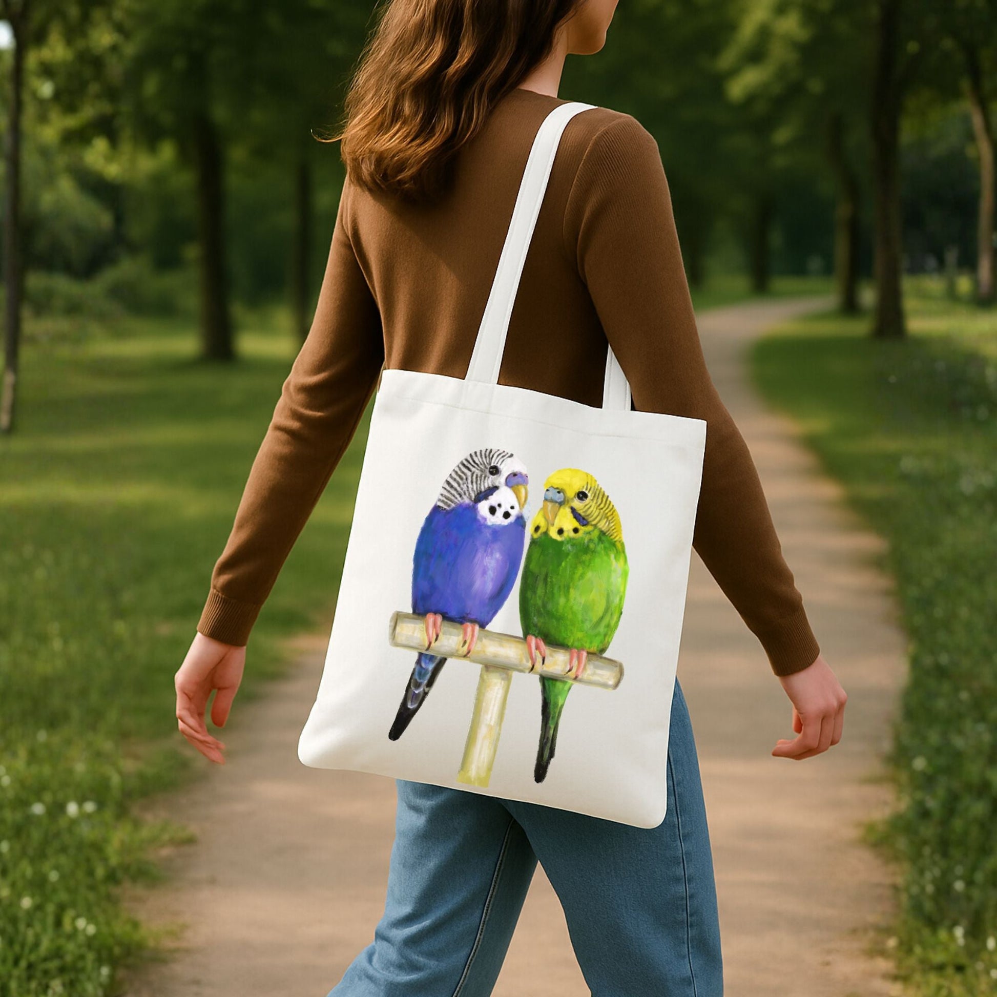 Budgie Pair Canvas Tote Bag - MerikaArt