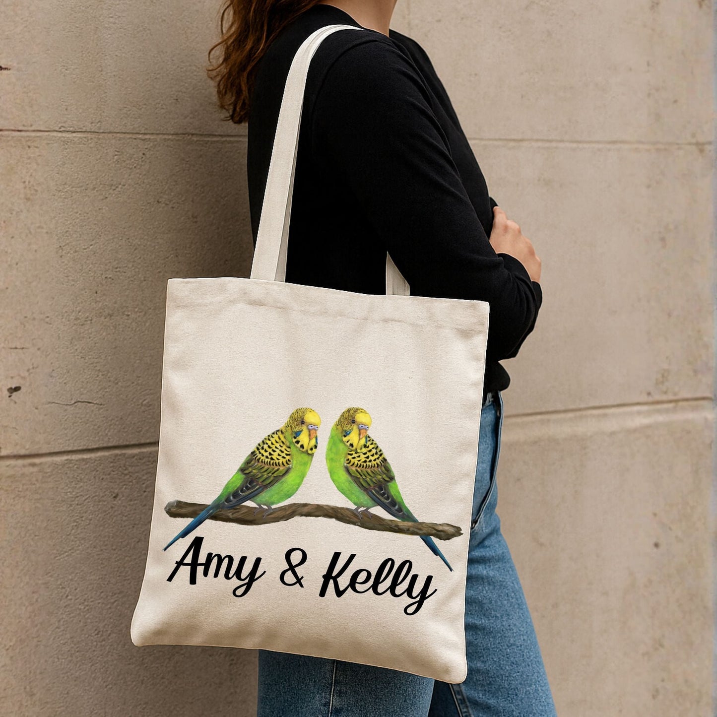 Budgie Pair Canvas Tote Bag - MerikaArt