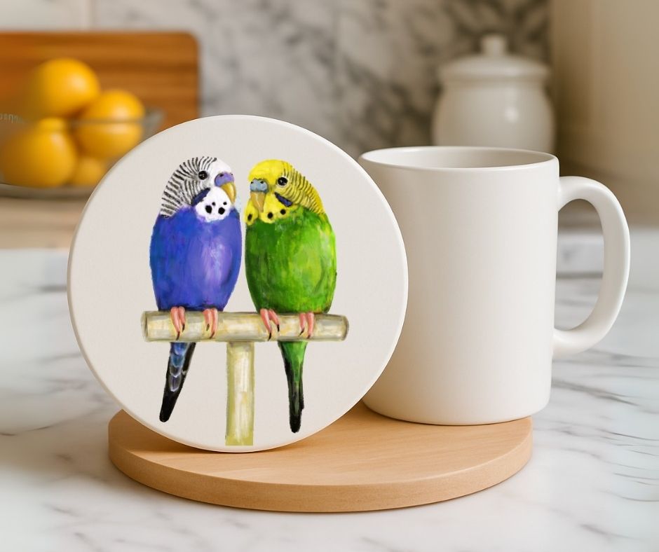 Budgie Pair Ceramic Coaster - MerikaArt