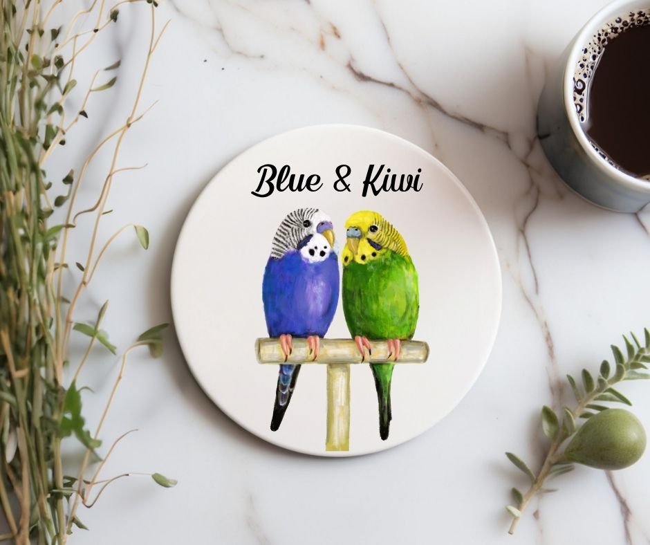Budgie Pair Ceramic Coaster - MerikaArt