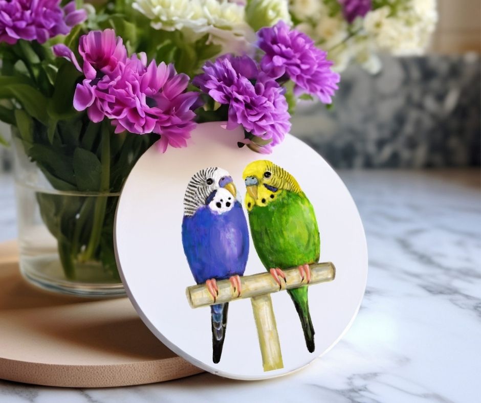 Budgie Pair Ceramic Coaster - MerikaArt