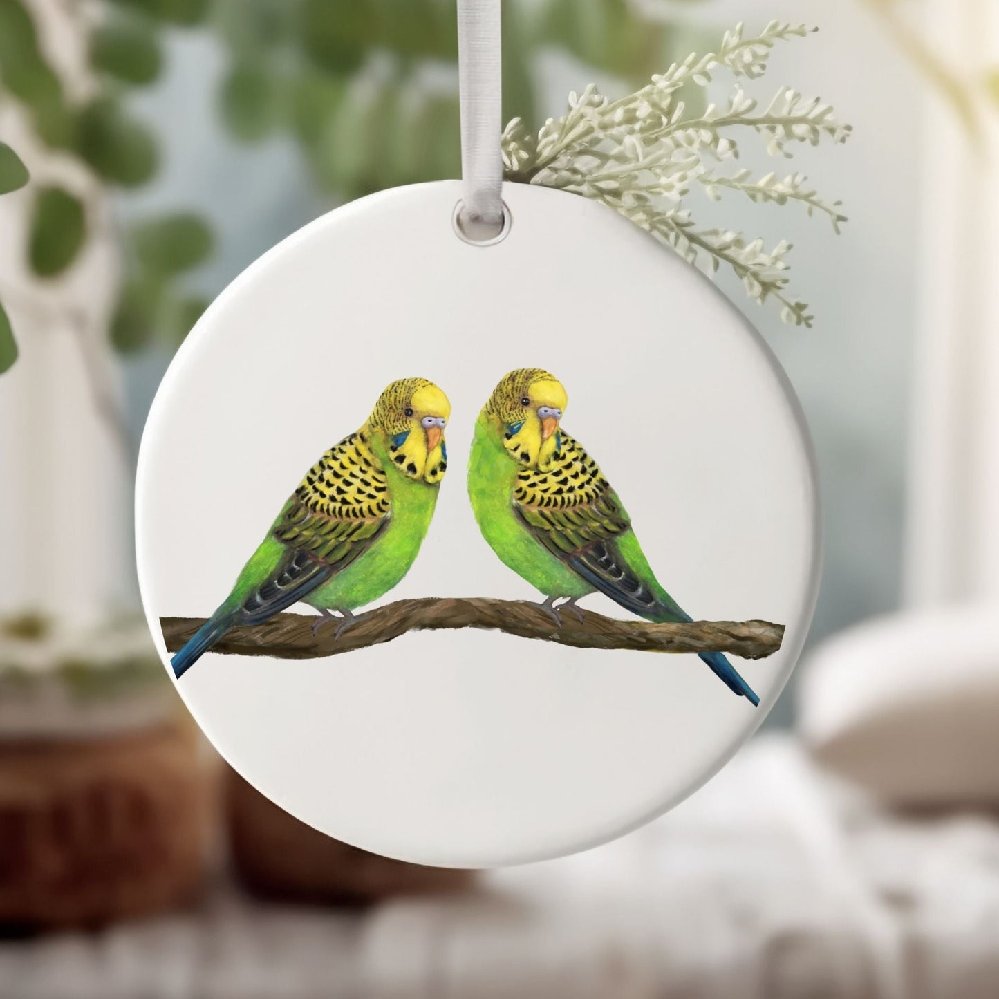 Budgie Pair Ceramic Ornament - MerikaArt