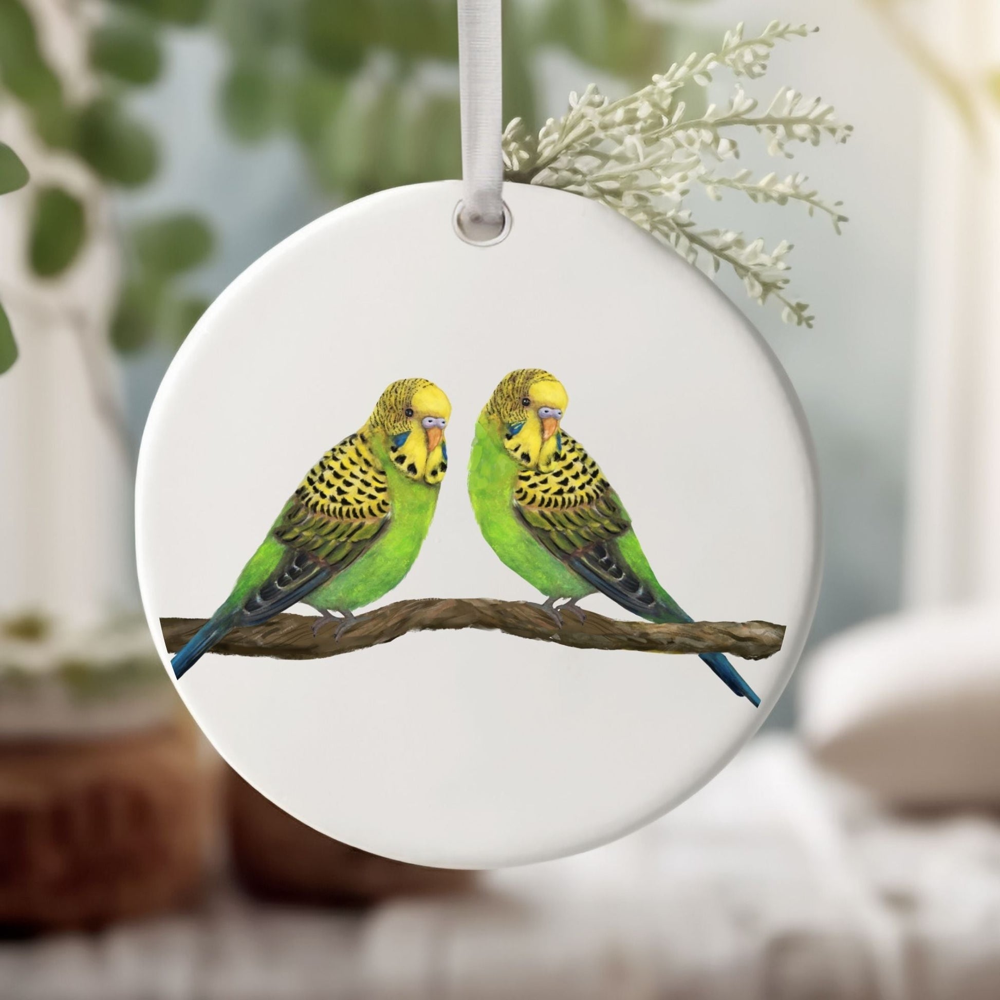 Budgie Pair Ceramic Ornament - MerikaArt