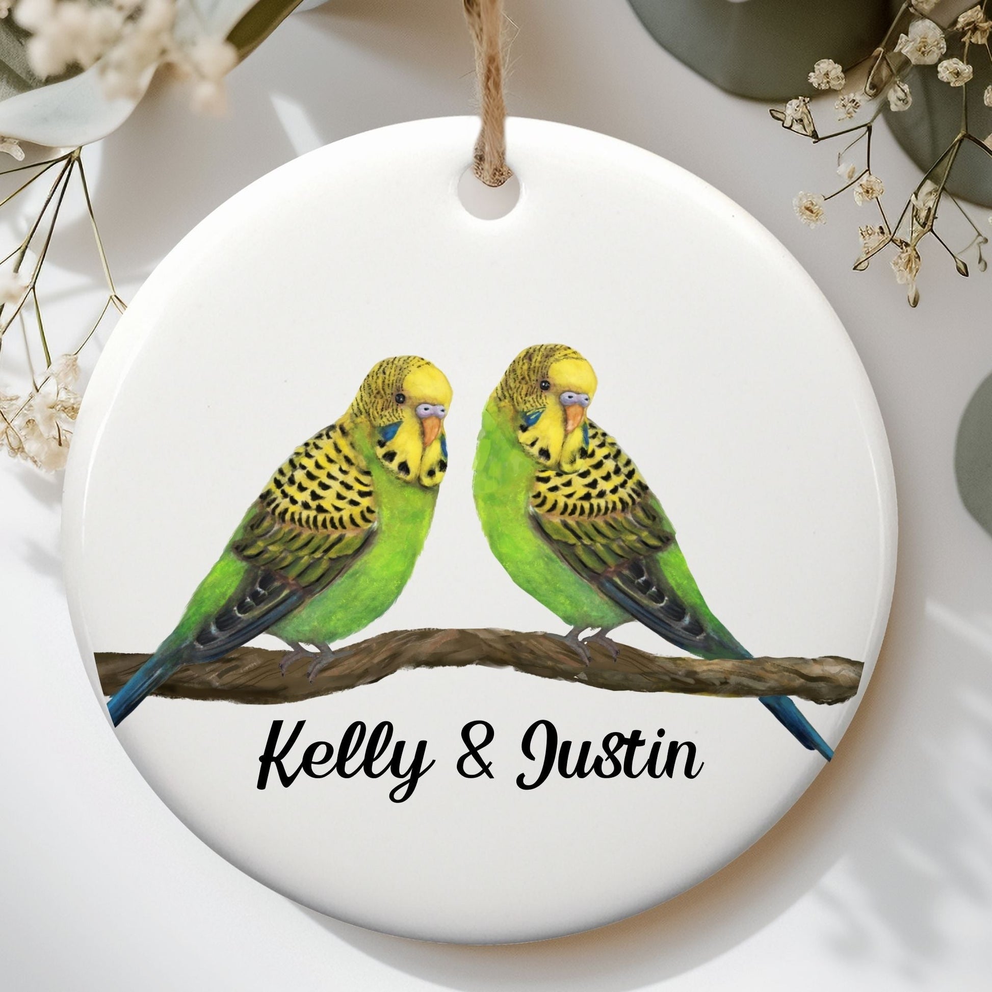 Budgie Pair Ceramic Ornament - MerikaArt