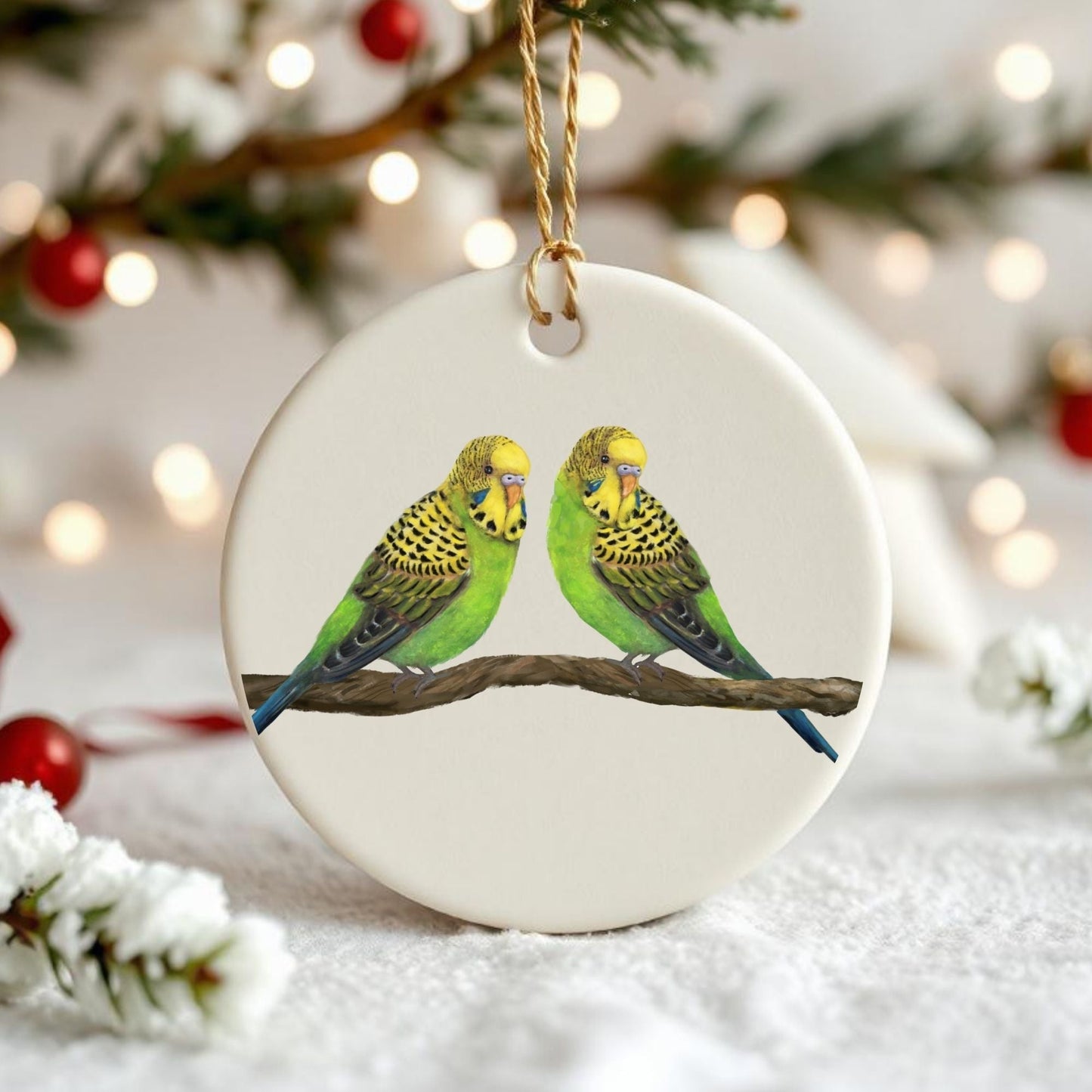 Budgie Pair Ceramic Ornament - MerikaArt