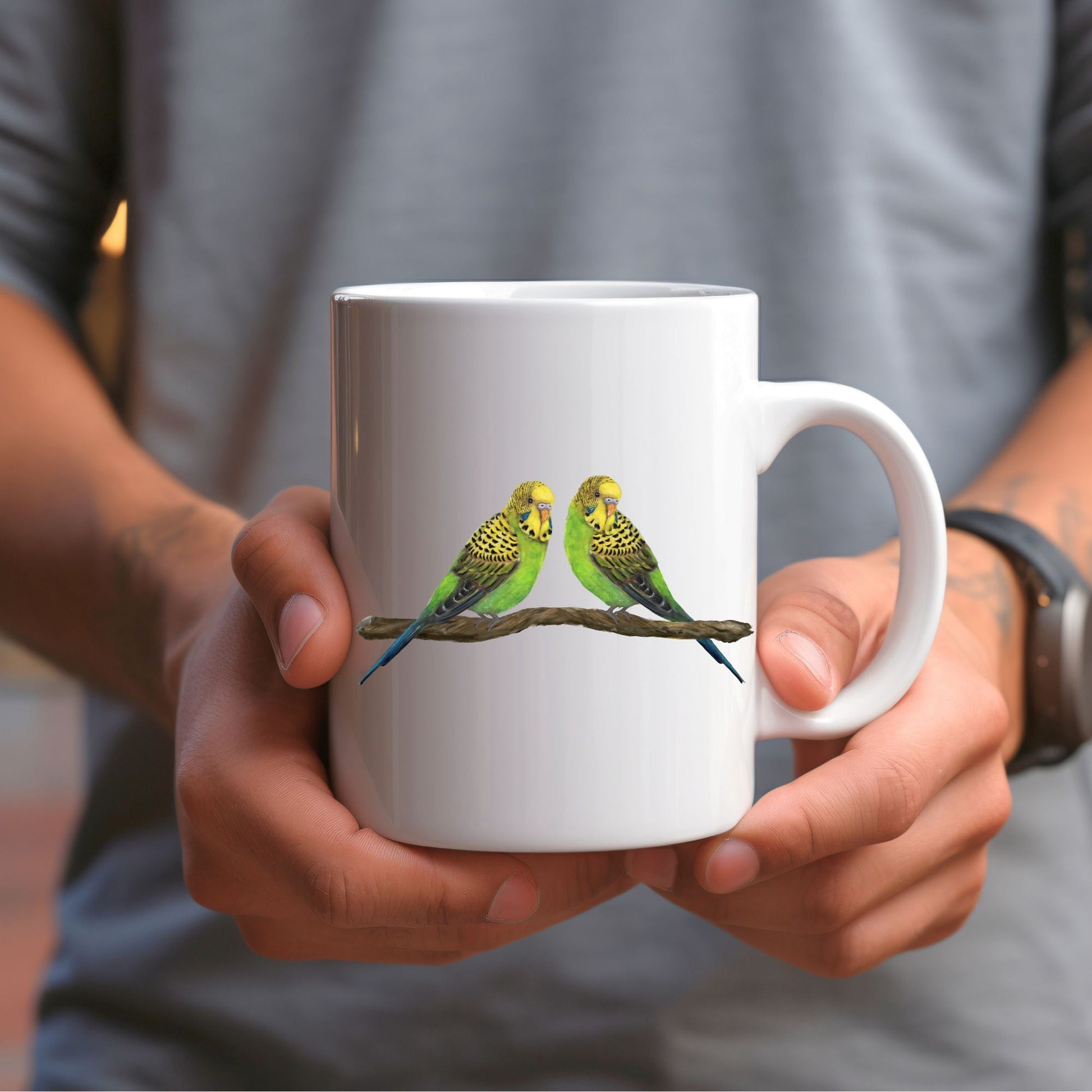 Budgie Pair Mug with Adorable Bird Illustration - MerikaArt