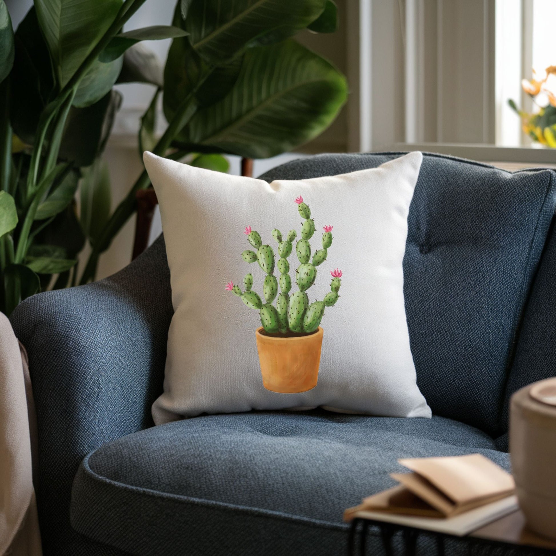 Cactus Pillow with Pink Blooms - MerikaArt