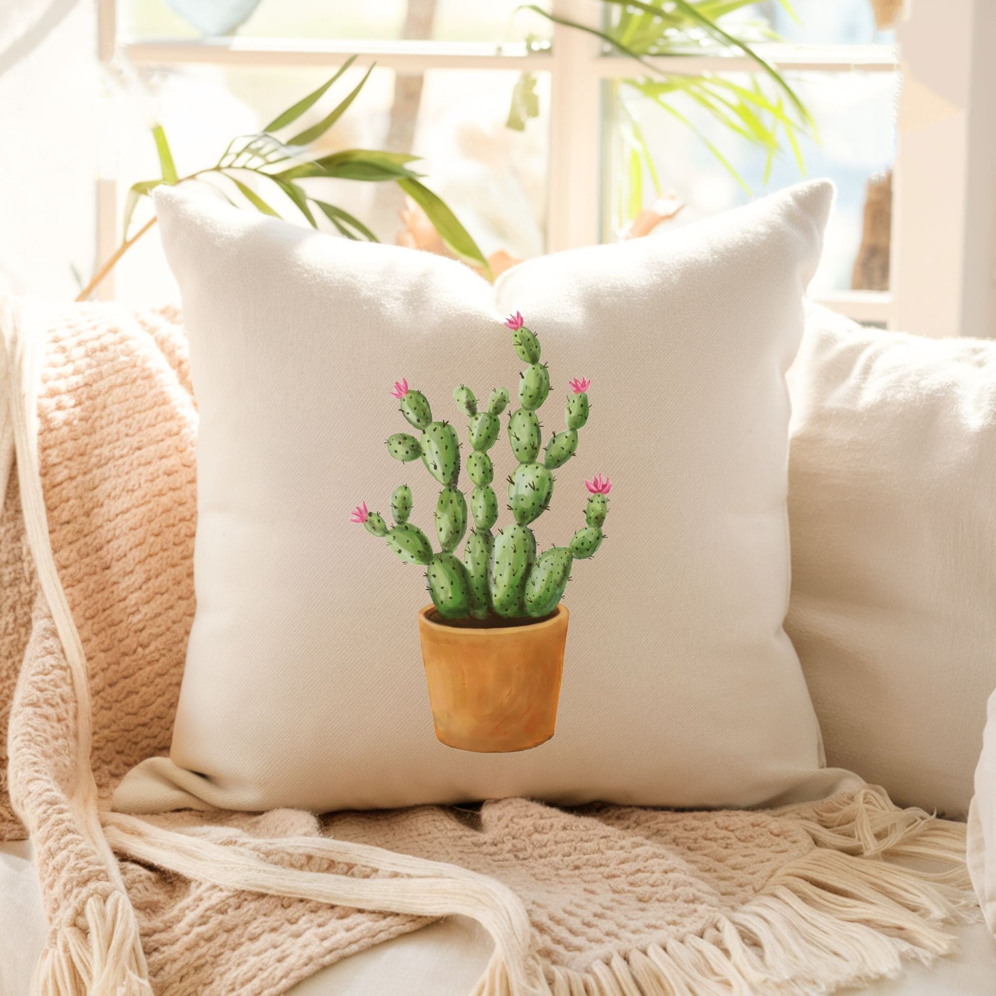 Cactus Pillow with Pink Blooms - MerikaArt