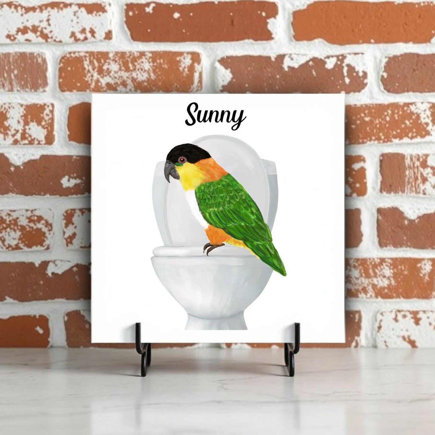 Caique Parrot on Toilet Ceramic Tile – Handcrafted Whimsical Decor - MerikaArt