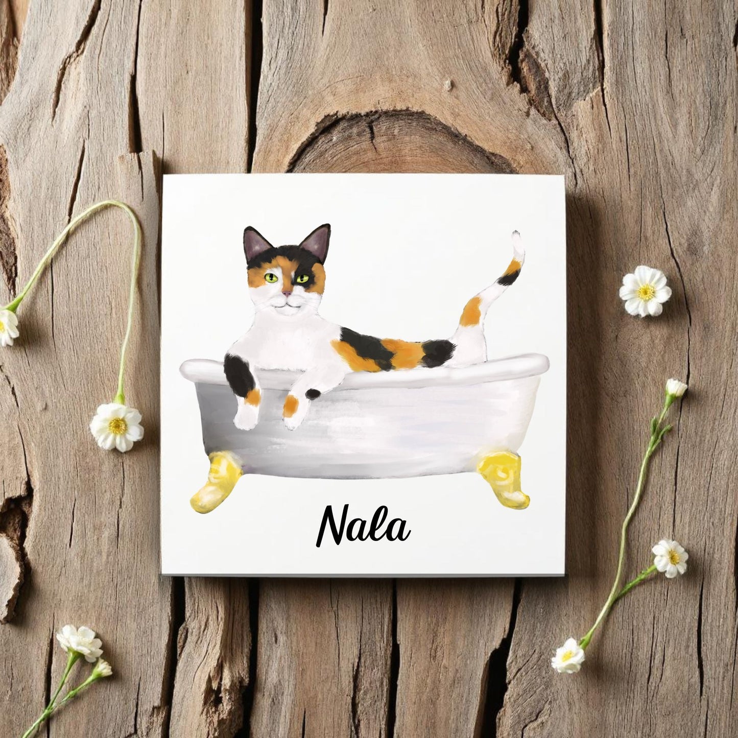 Calico Cat in Bathtub Ceramic Tile – Handcrafted Whimsical Pet Art Decor - MerikaArt