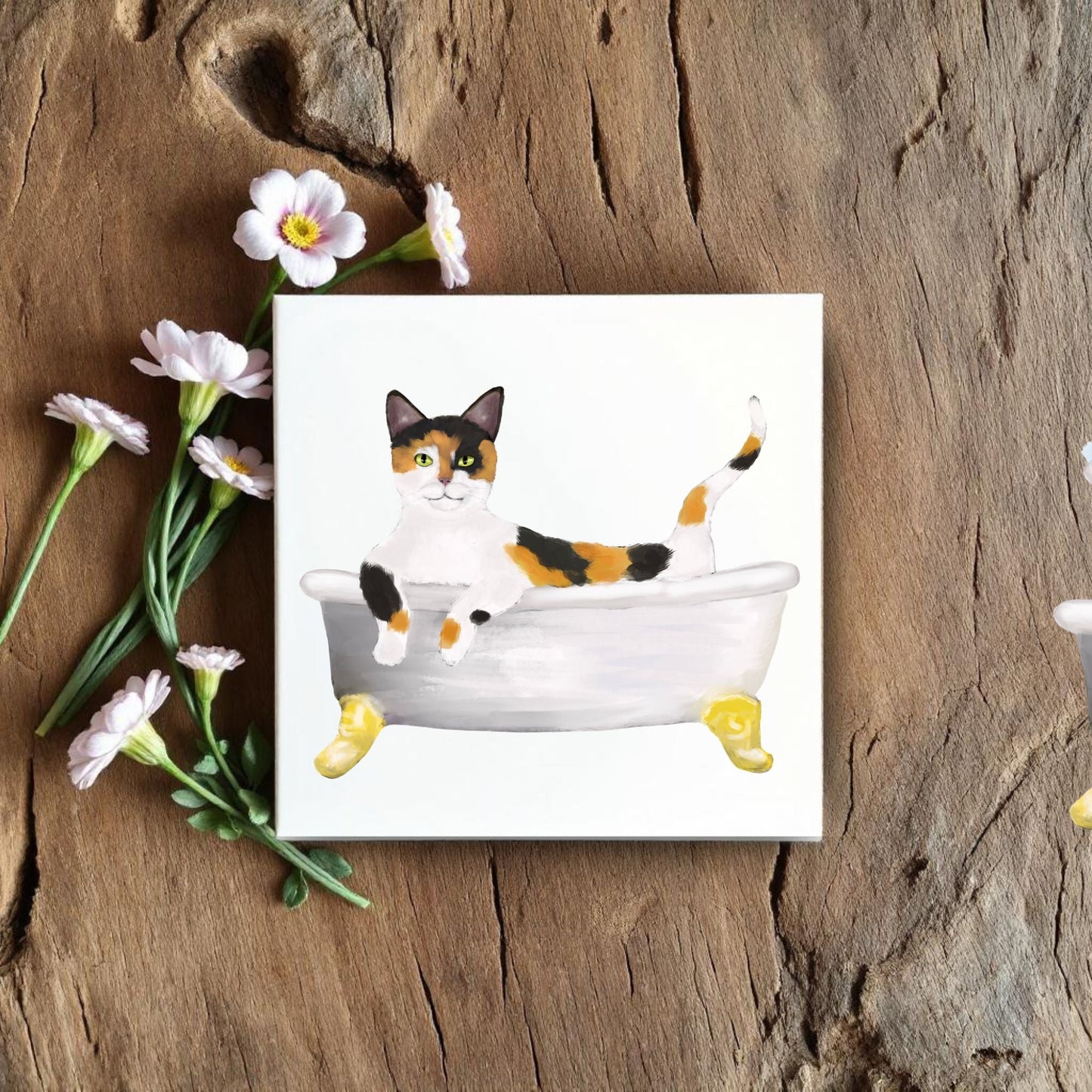 Calico Cat in Bathtub Ceramic Tile – Handcrafted Whimsical Pet Art Decor - MerikaArt