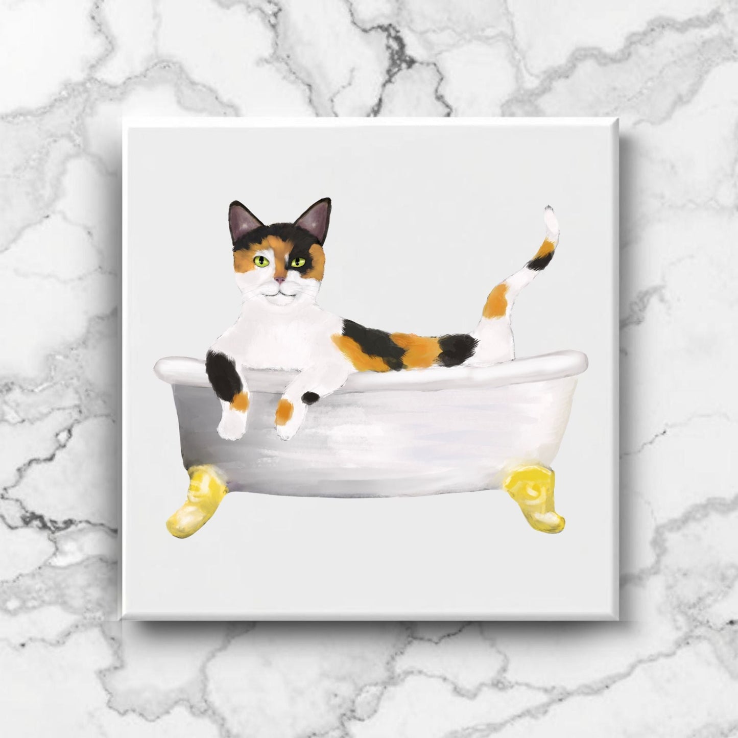 Calico Cat in Bathtub Ceramic Tile – Handcrafted Whimsical Pet Art Decor - MerikaArt