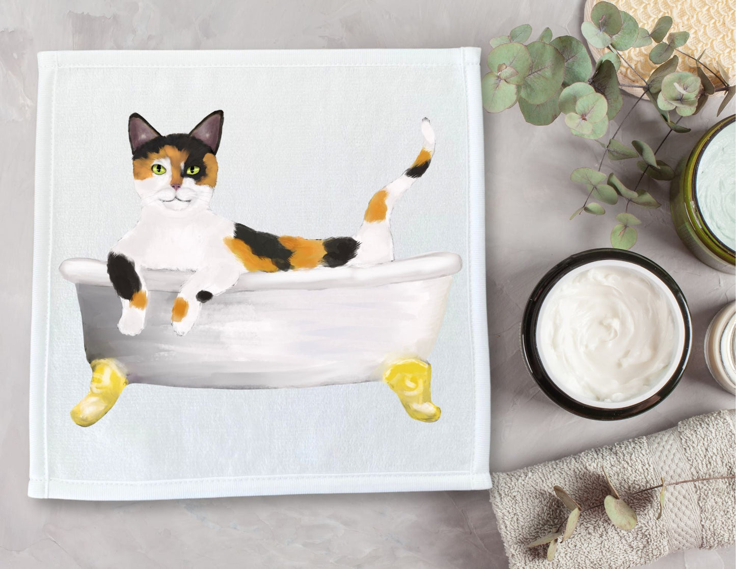 Calico Cat in Bathtub Washcloth – A Whimsical Gift for Cat Lovers - MerikaArt