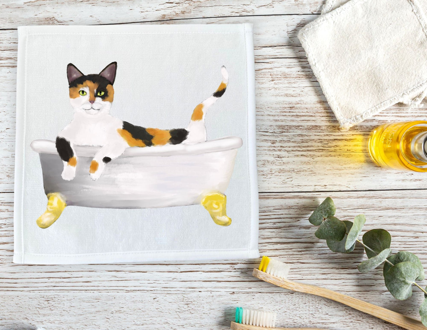 Calico Cat in Bathtub Washcloth – A Whimsical Gift for Cat Lovers - MerikaArt