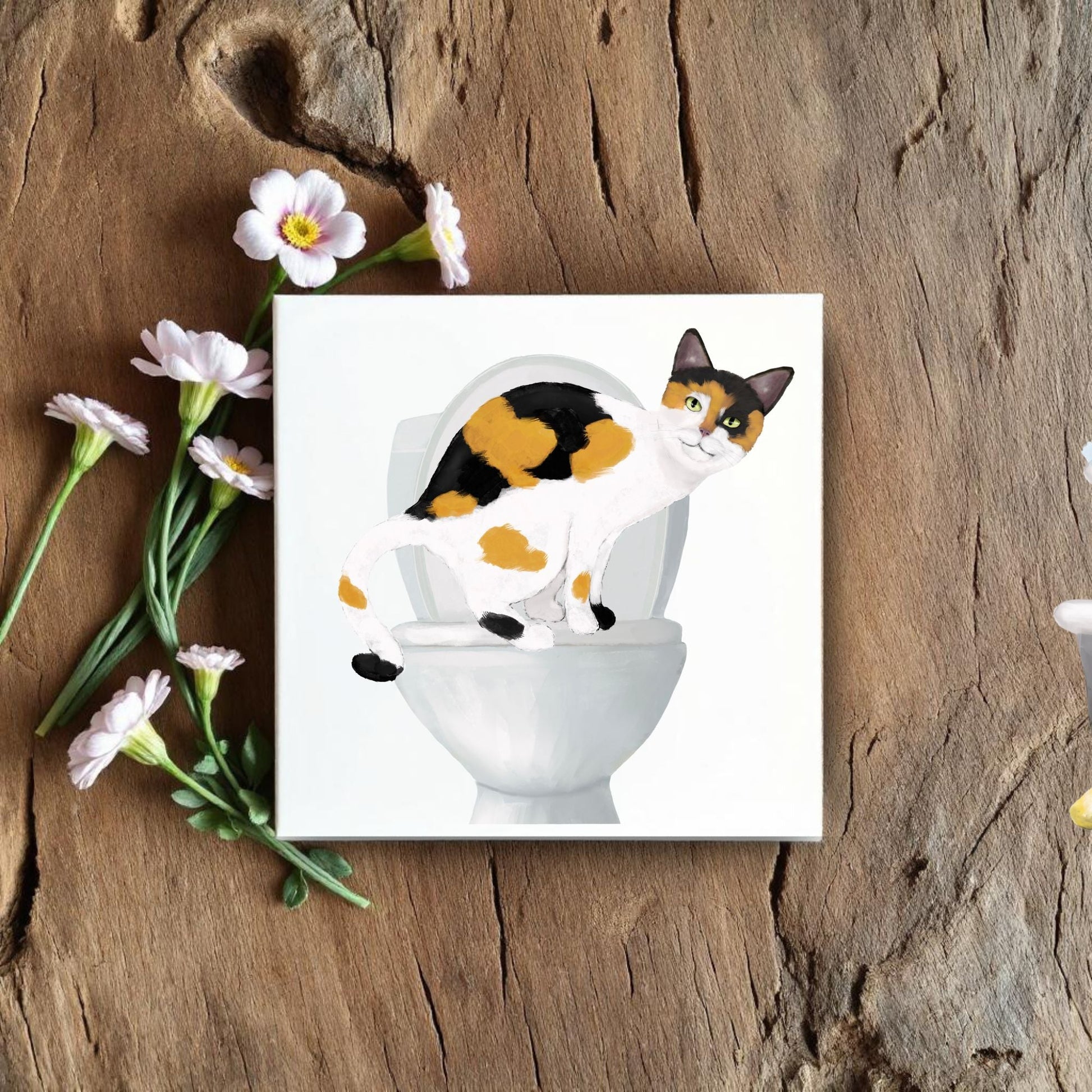 Calico Cat on Toilet Ceramic Tile – Handcrafted Whimsical Decor - MerikaArt