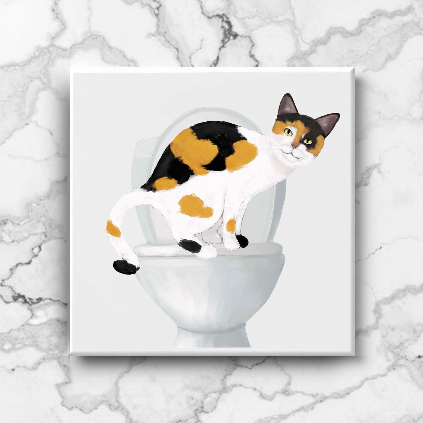 Calico Cat on Toilet Ceramic Tile – Handcrafted Whimsical Decor - MerikaArt