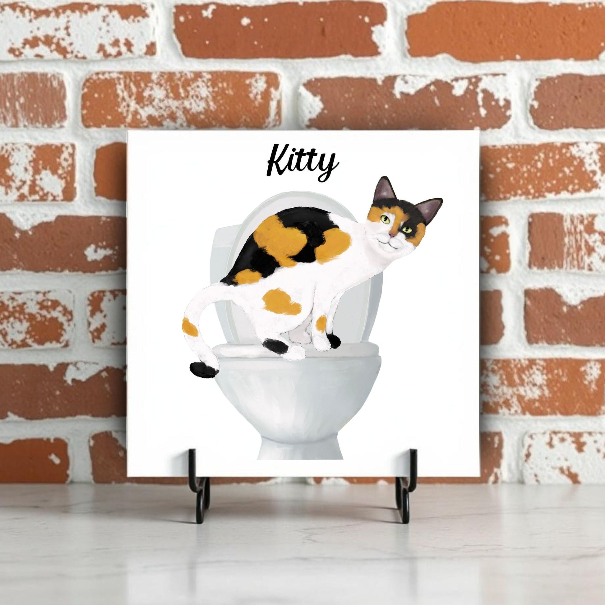 Calico Cat on Toilet Ceramic Tile – Handcrafted Whimsical Decor - MerikaArt