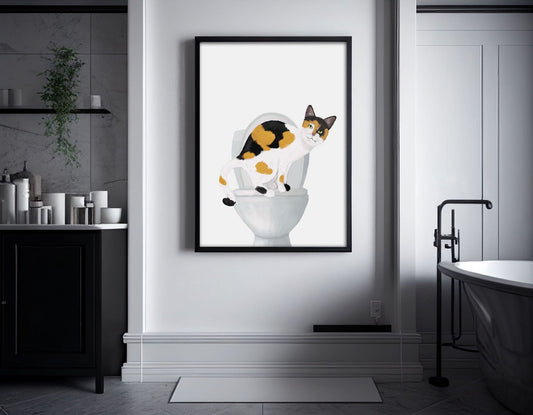 Calico Cat On Toilet Print, Calico Cat On Toilet Art, Funny Cat Illustration, Bathroom Painting, Cat Mom Animal Lover Gift, Kitten Poster - MerikaArt