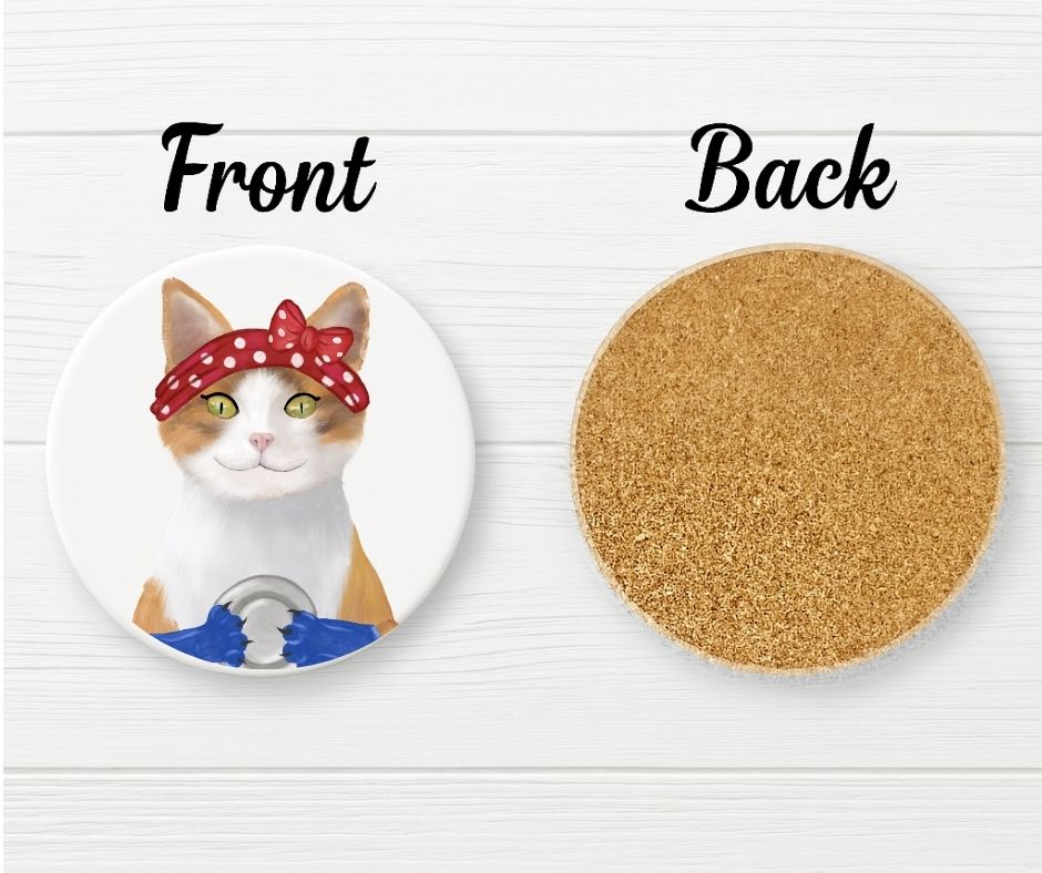 Calico Cat with Red Polka Dot Headband Ceramic Coaster - MerikaArt