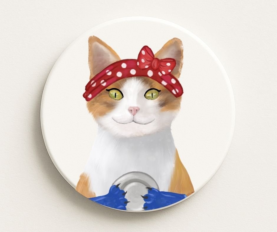 Calico Cat with Red Polka Dot Headband Ceramic Coaster - MerikaArt