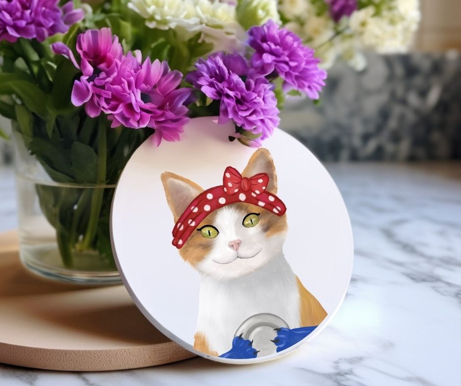 Calico Cat with Red Polka Dot Headband Ceramic Coaster - MerikaArt