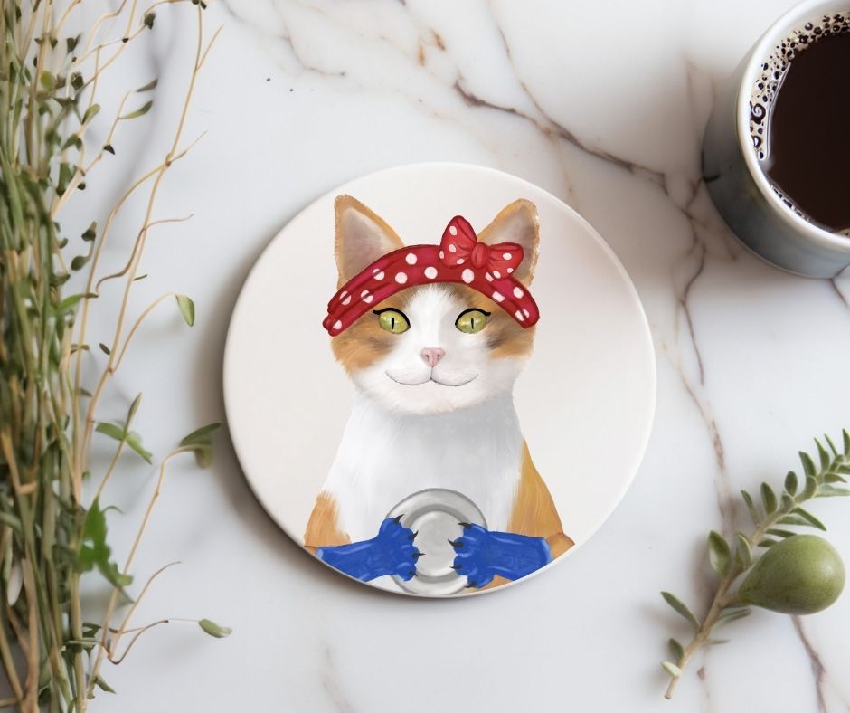 Calico Cat with Red Polka Dot Headband Ceramic Coaster - MerikaArt
