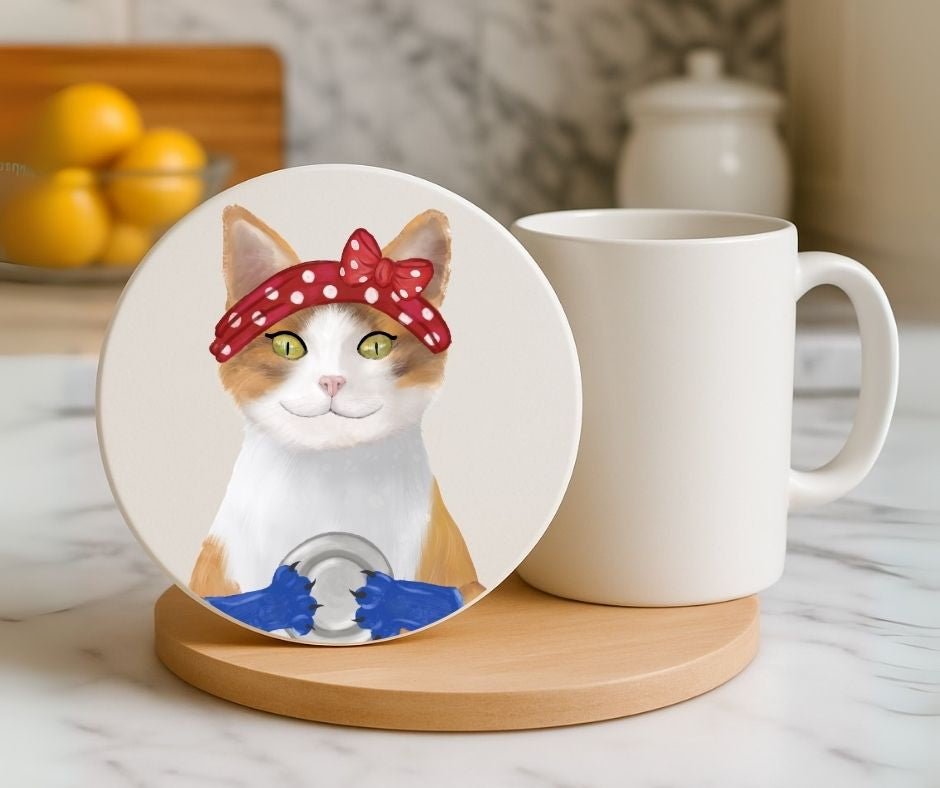 Calico Cat with Red Polka Dot Headband Ceramic Coaster - MerikaArt