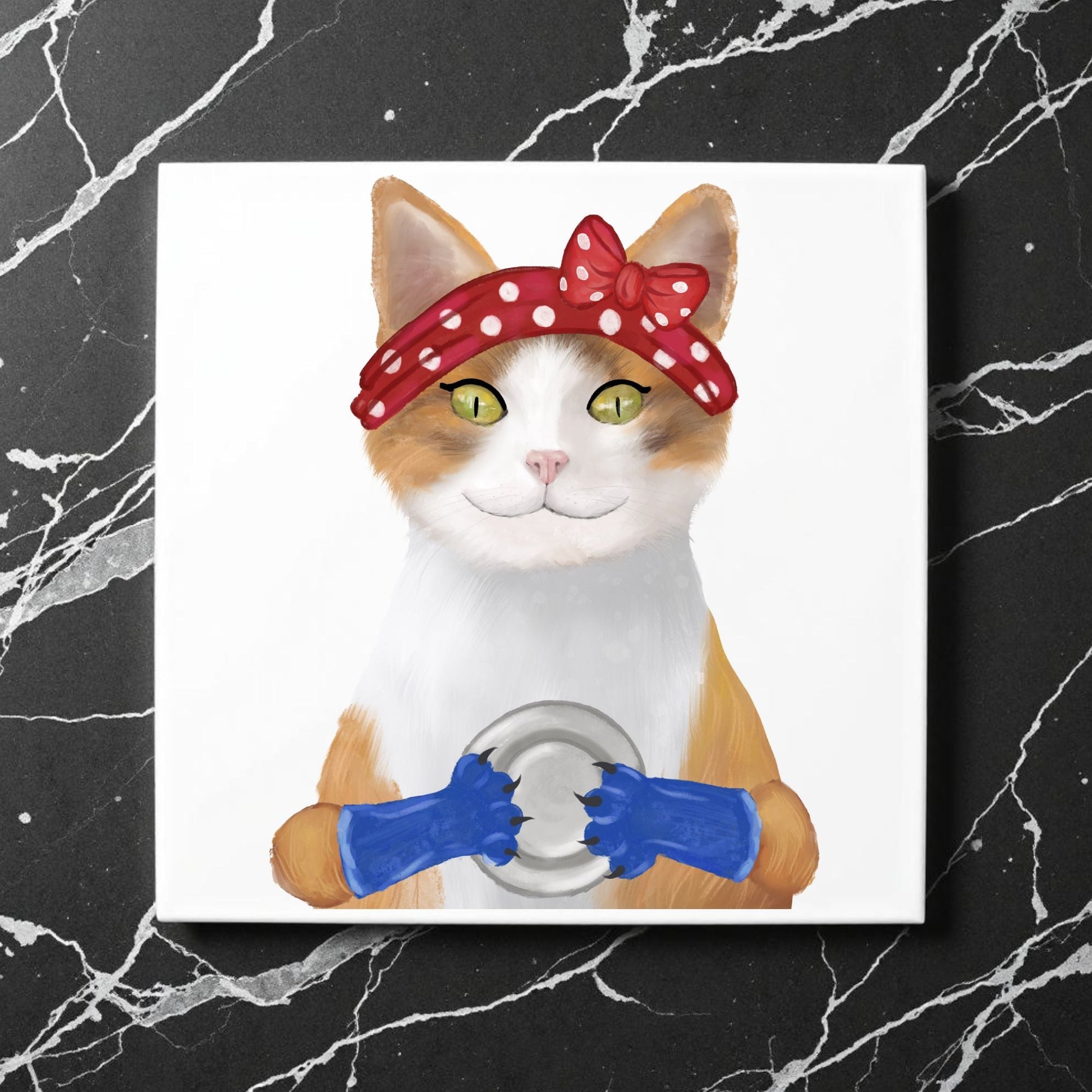 Calico Dishwashing Cat Ceramic Tile - MerikaArt