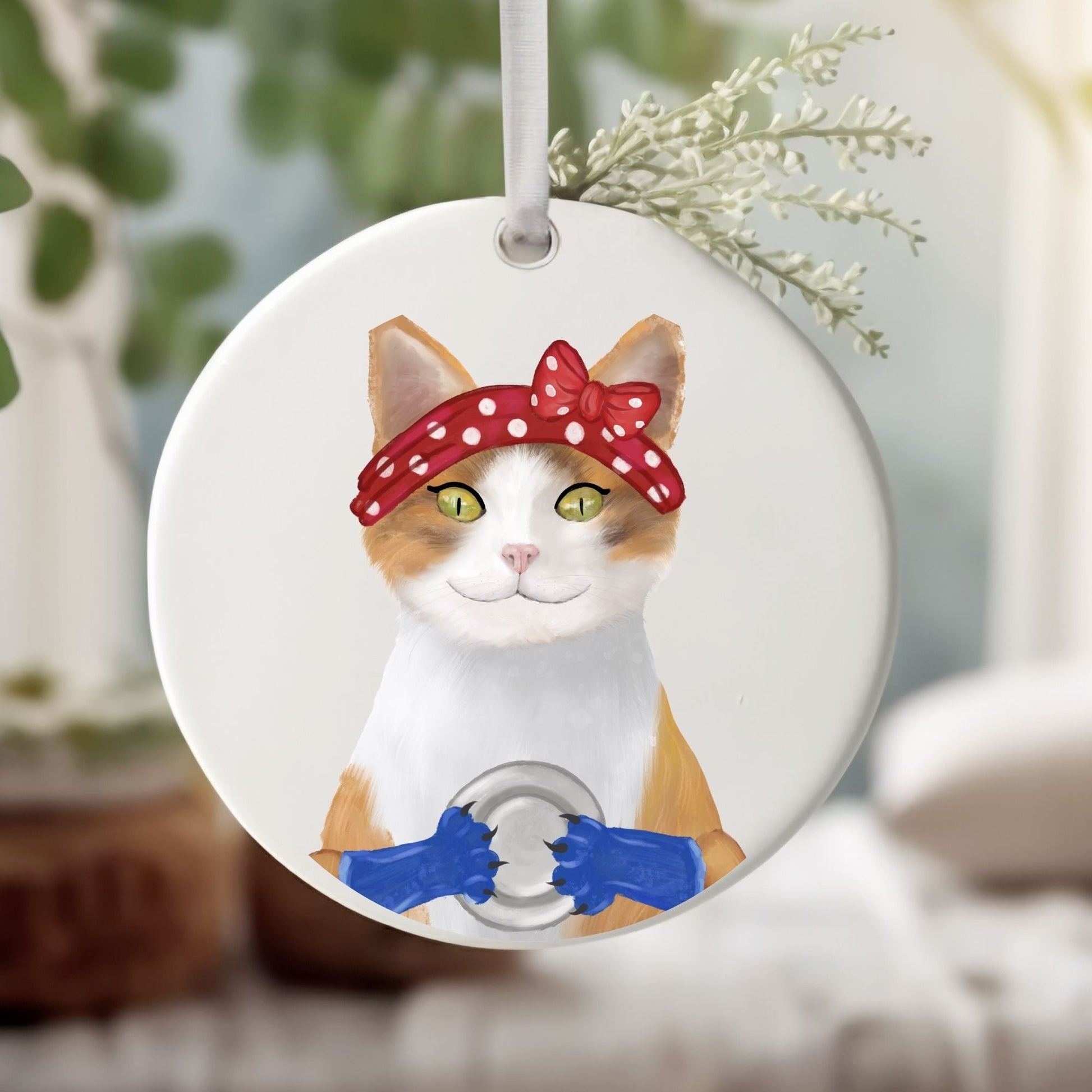 Calico Rosie Cat Ceramic Ornament - MerikaArt