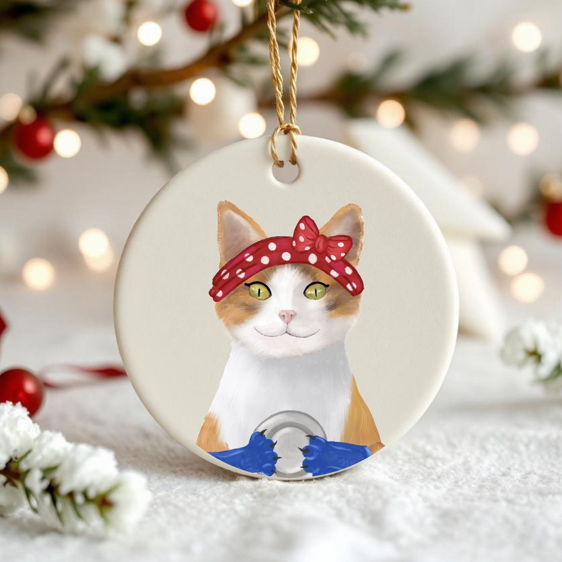 Calico Rosie Cat Ceramic Ornament - MerikaArt