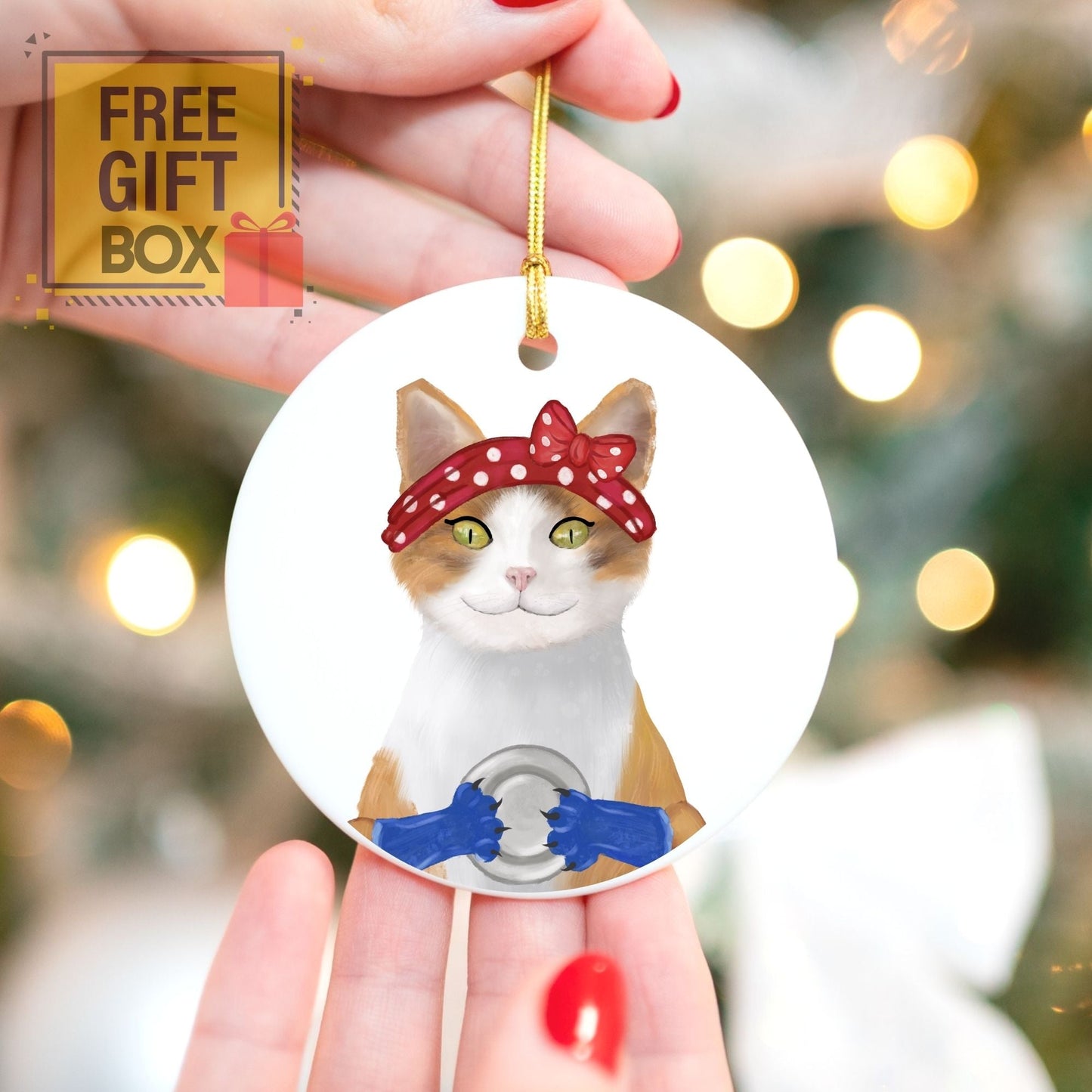 Calico Rosie Cat Ceramic Ornament - MerikaArt