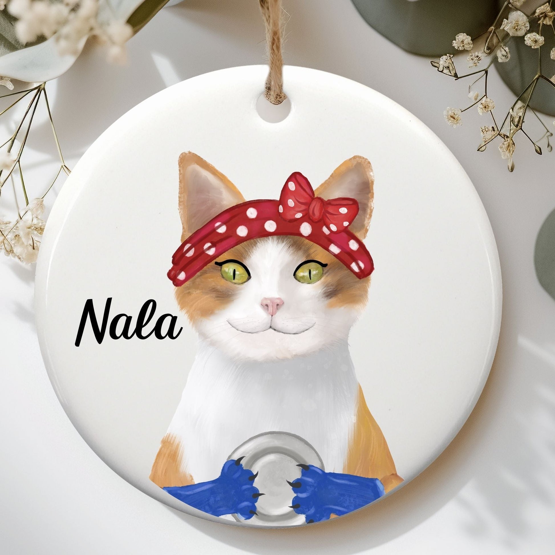 Calico Rosie Cat Ceramic Ornament - MerikaArt