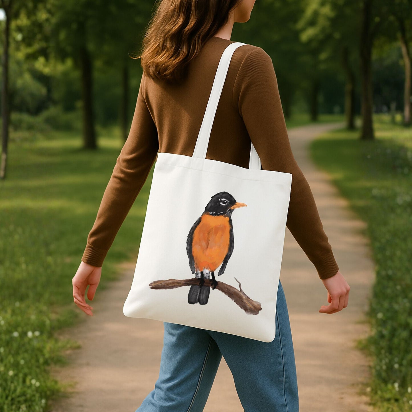 Canvas Tote Bag with American Robin Artwork - MerikaArt