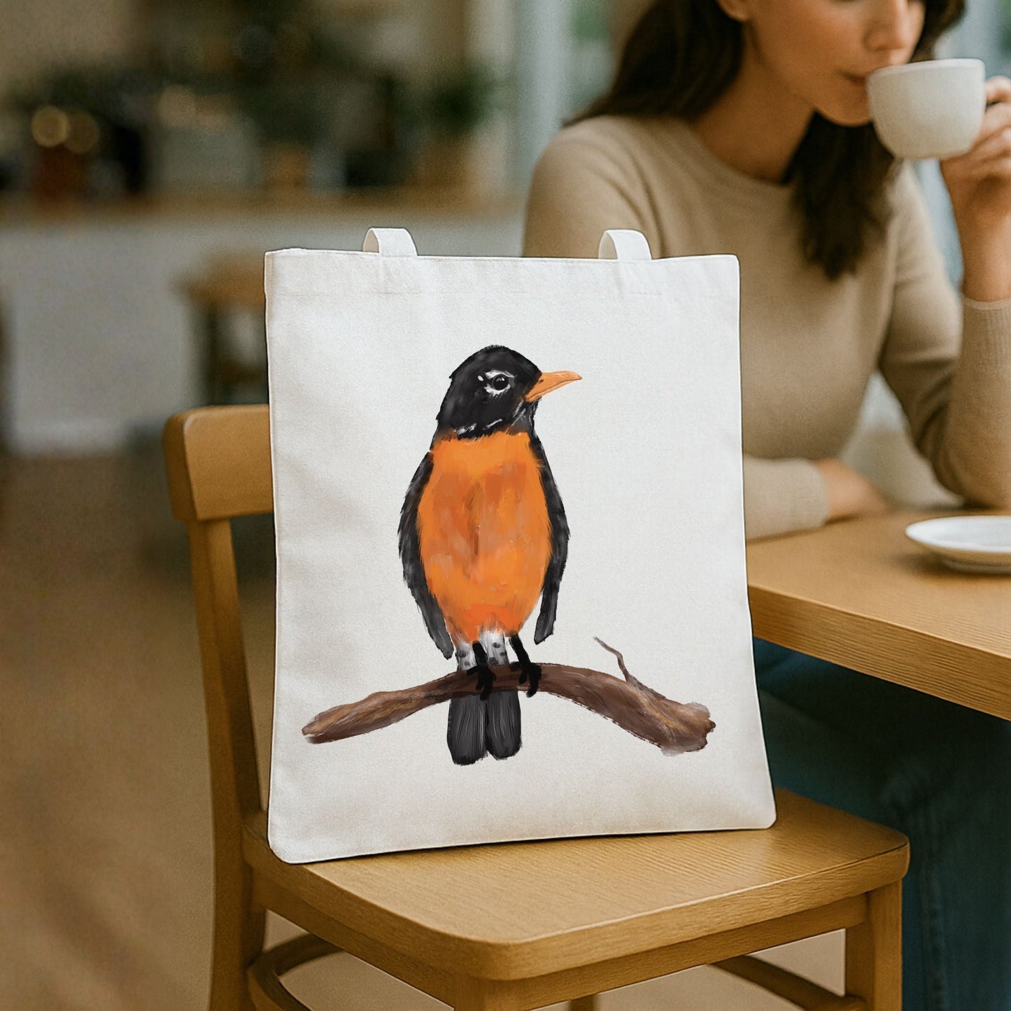 Canvas Tote Bag with American Robin Artwork - MerikaArt