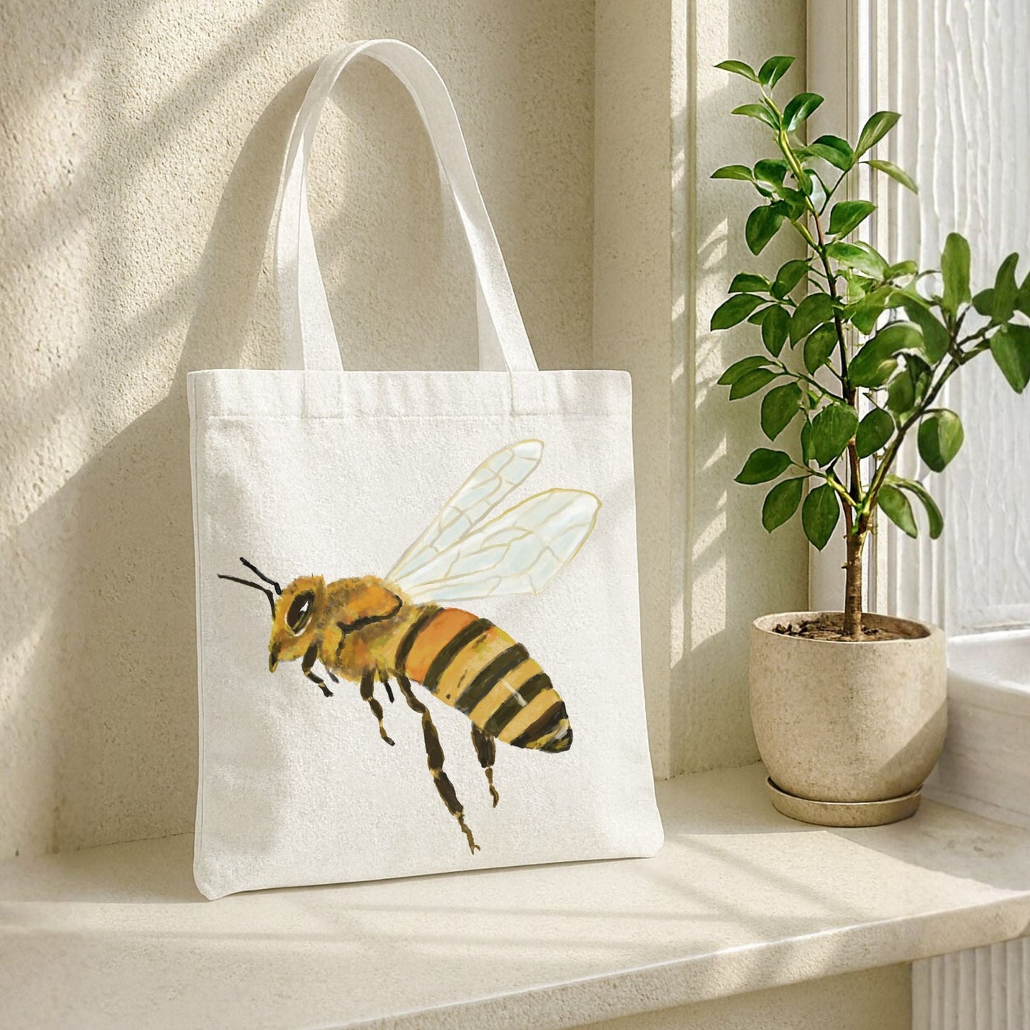 Canvas Tote Bag with Bee Illustration - MerikaArt