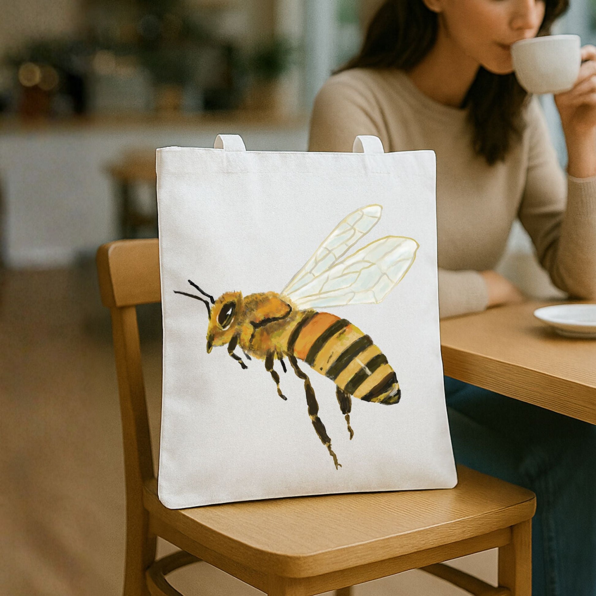 Canvas Tote Bag with Bee Illustration - MerikaArt