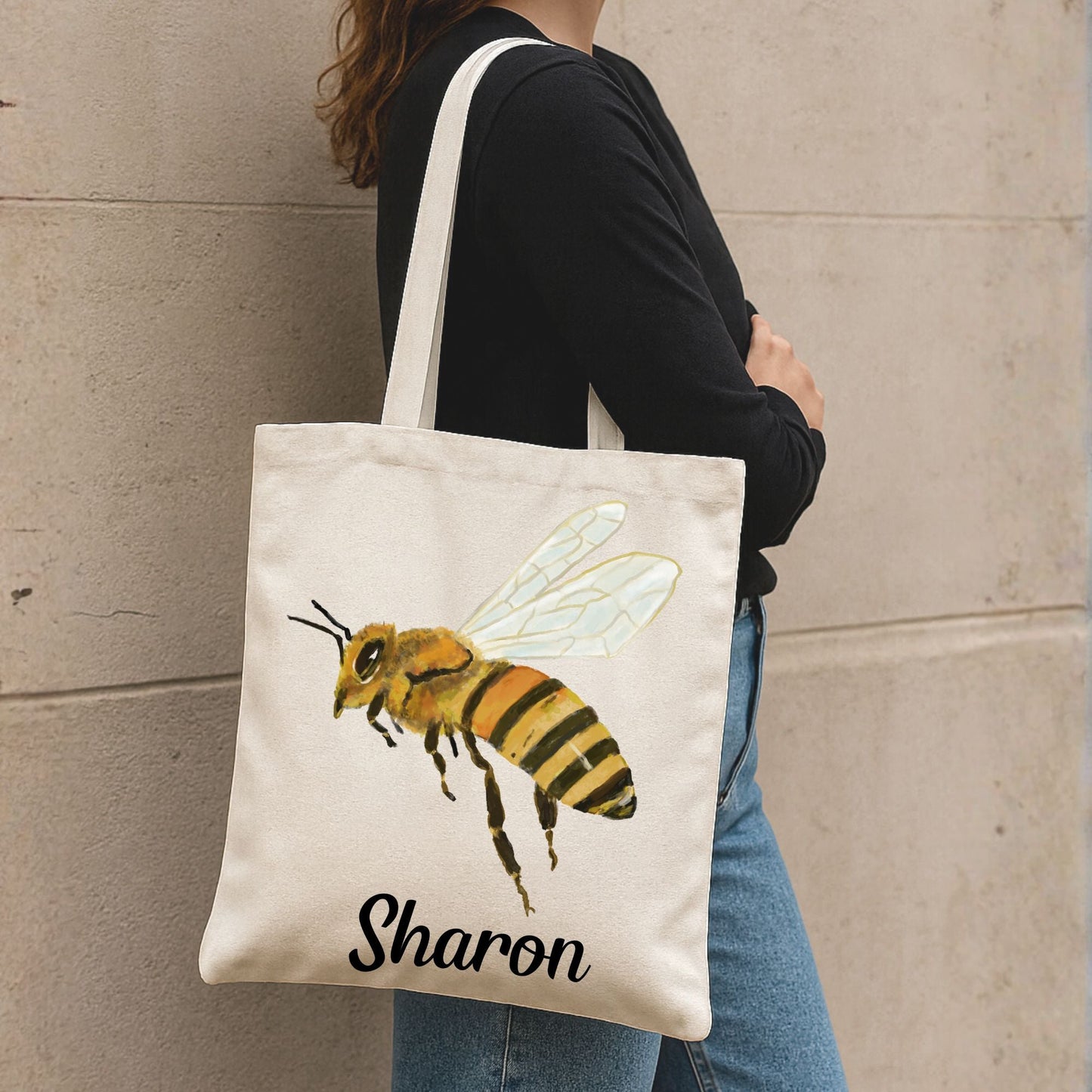 Canvas Tote Bag with Bee Illustration - MerikaArt
