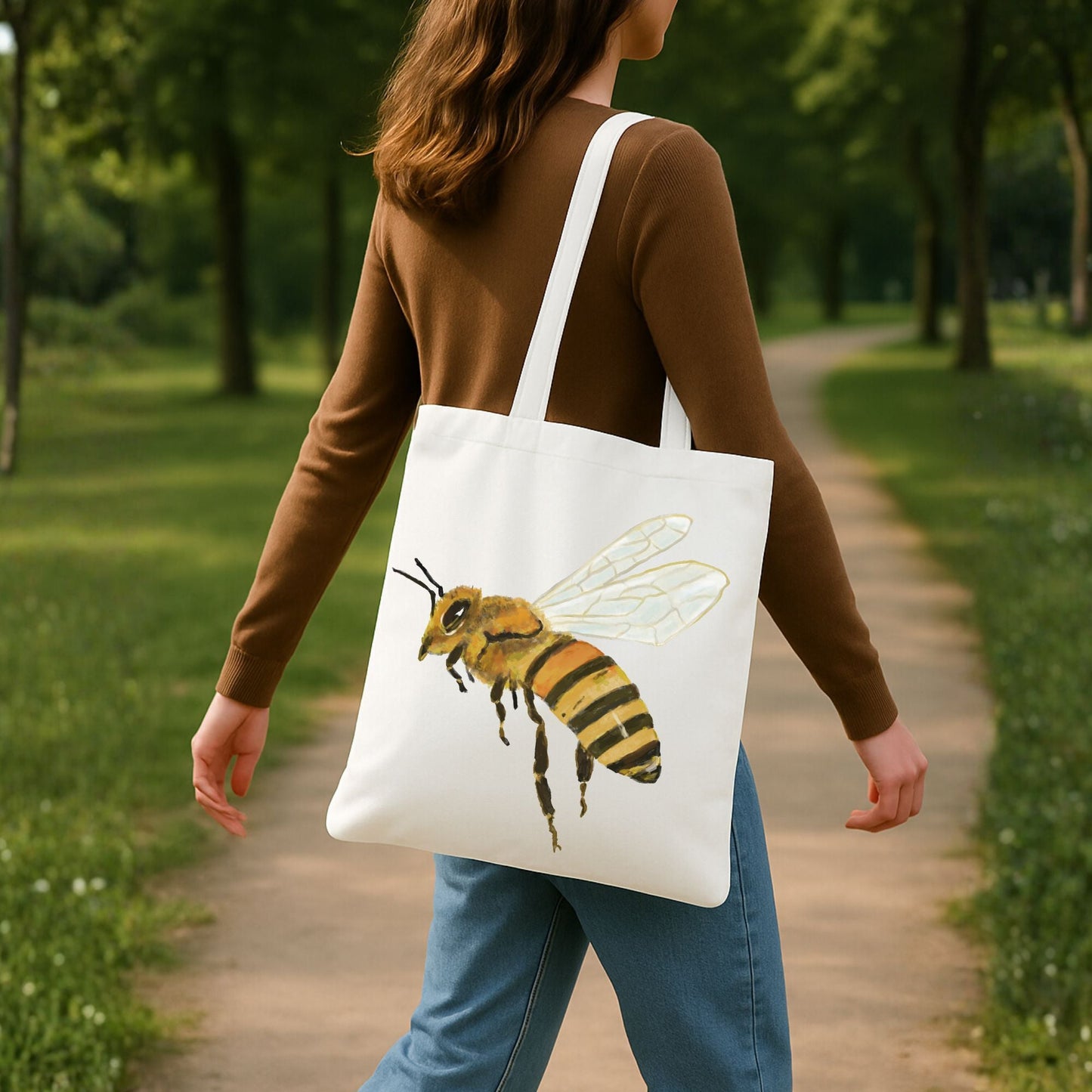 Canvas Tote Bag with Bee Illustration - MerikaArt
