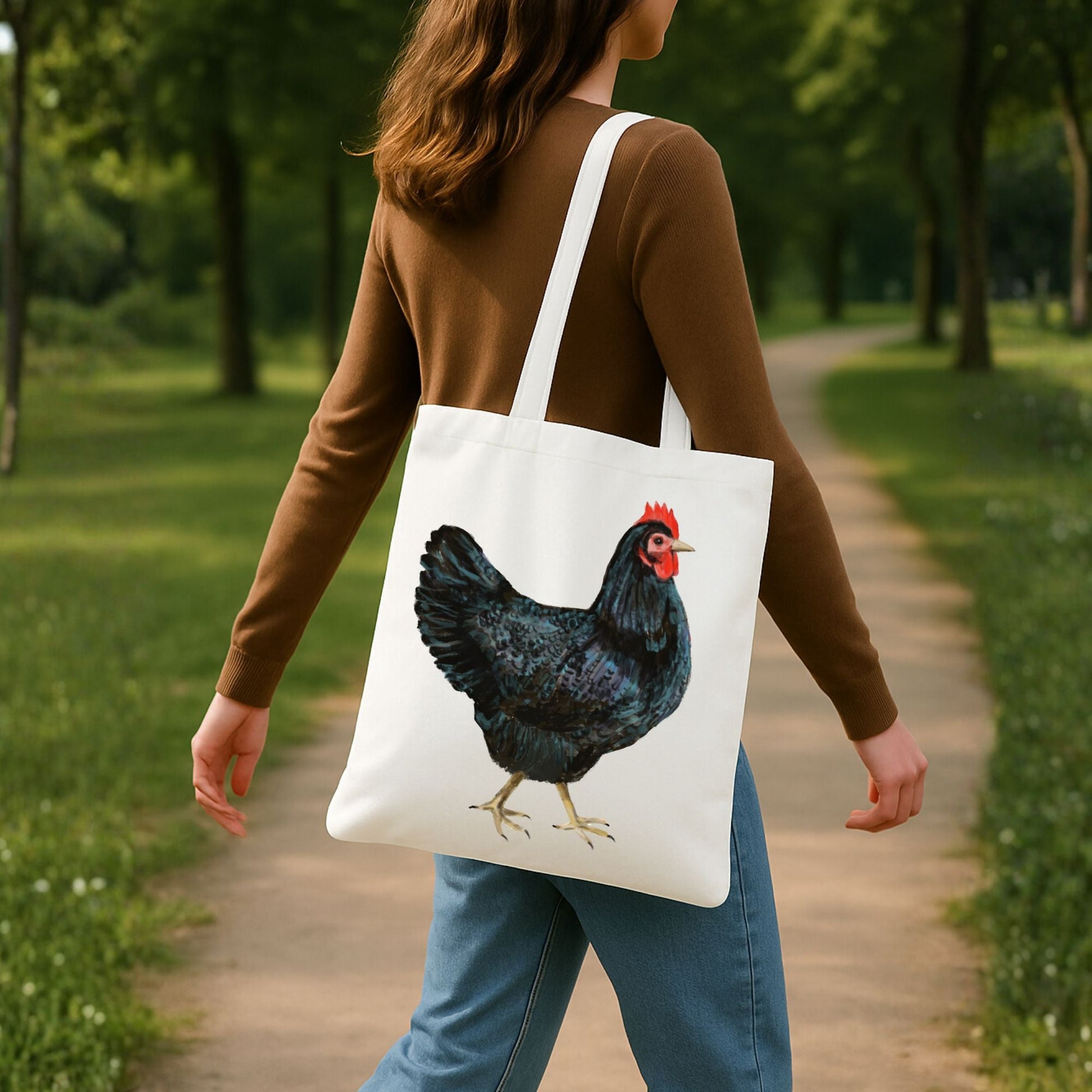 Canvas Tote Bag with Black Hen Artwork - MerikaArt