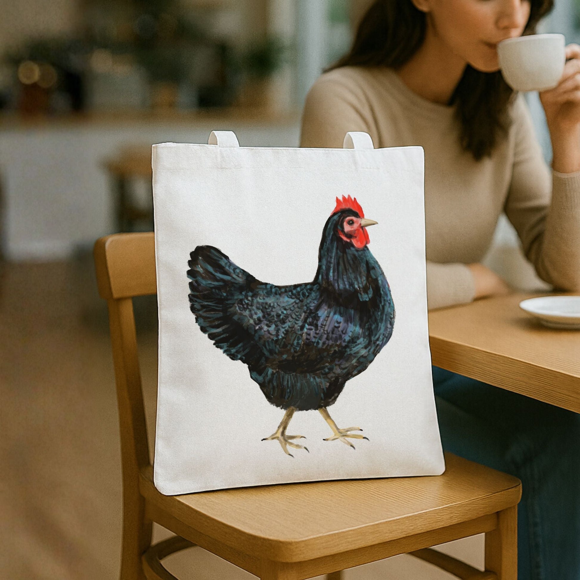 Canvas Tote Bag with Black Hen Artwork - MerikaArt