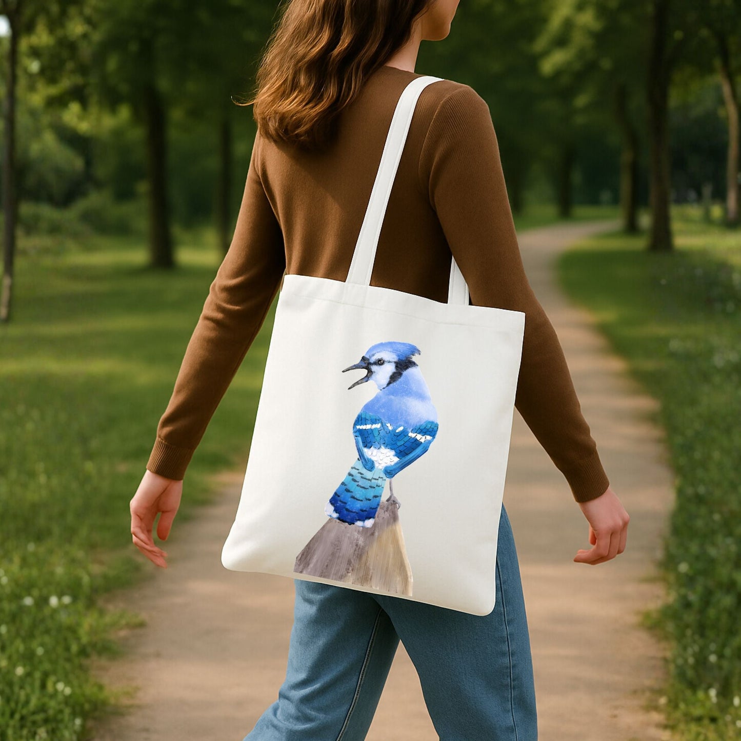 Canvas Tote Bag with Blue Jay Illustration - MerikaArt