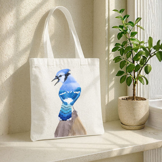 Canvas Tote Bag with Blue Jay Illustration - MerikaArt