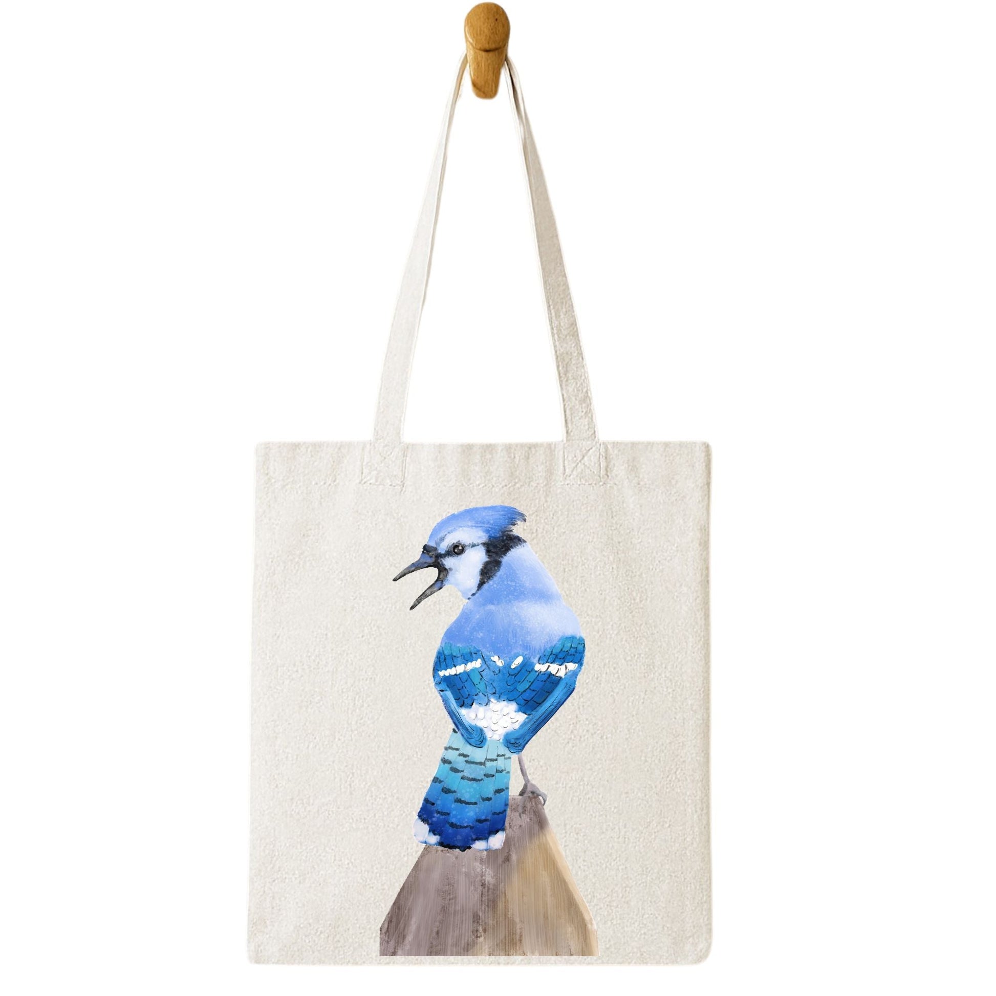 Canvas Tote Bag with Blue Jay Illustration - MerikaArt