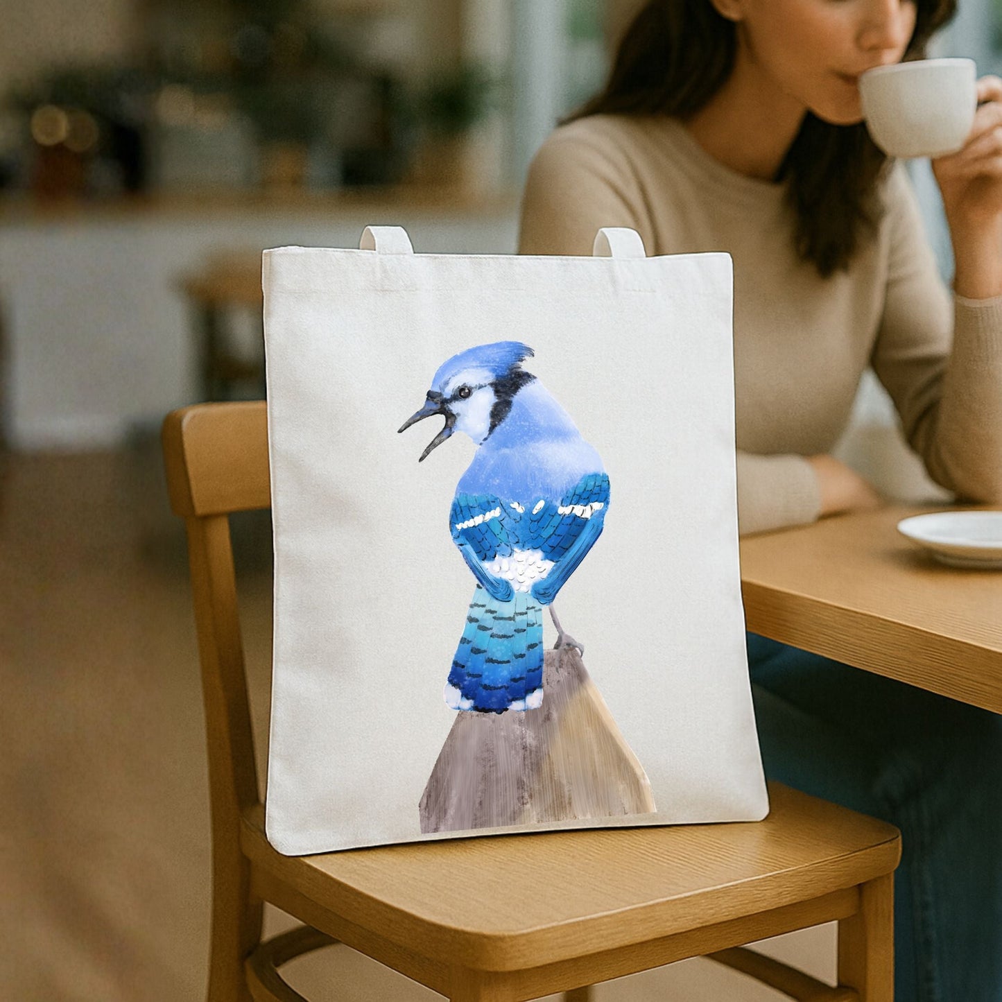 Canvas Tote Bag with Blue Jay Illustration - MerikaArt