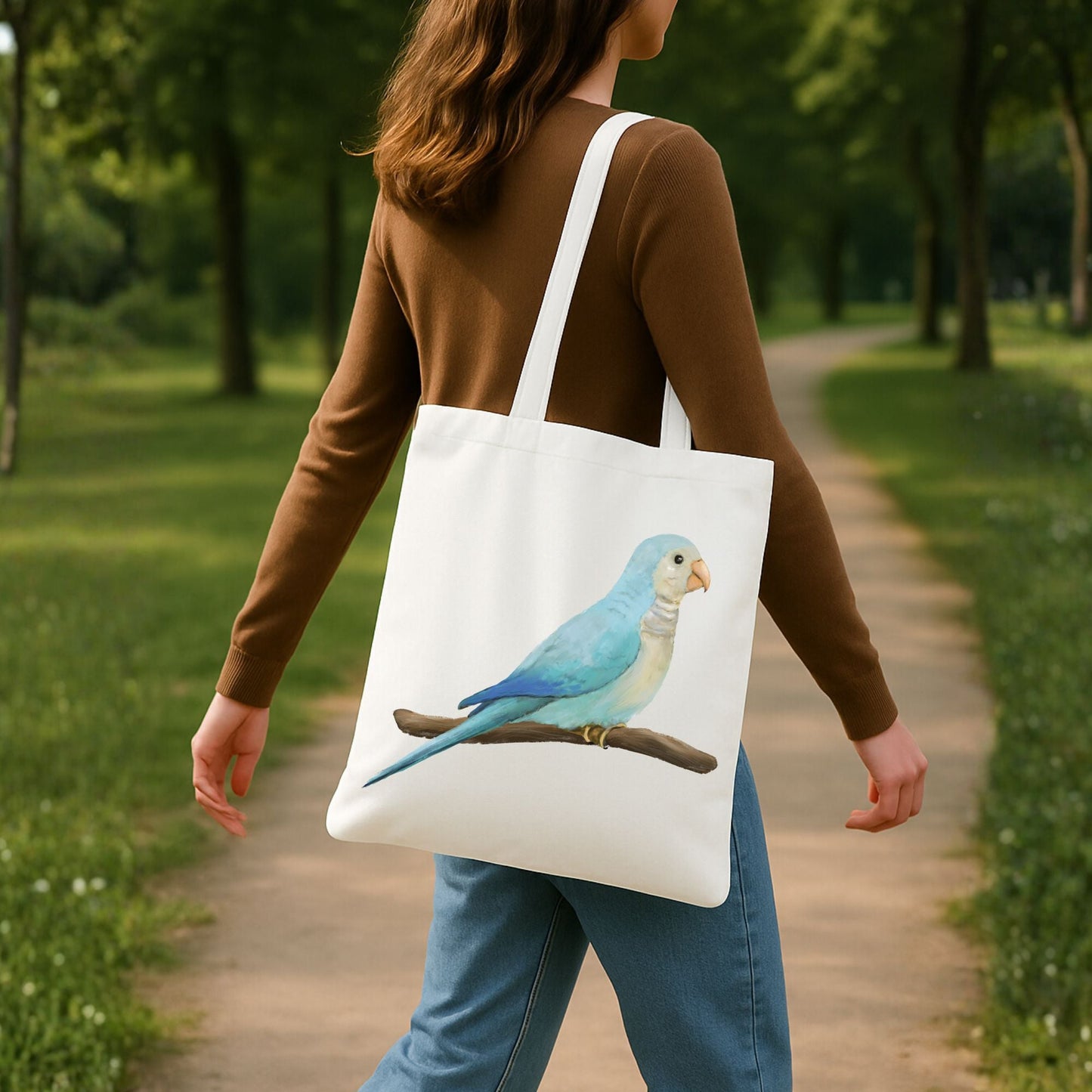 Canvas Tote Bag with Blue Parrot Artwork - MerikaArt